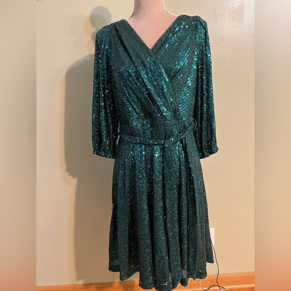 DKNY Green sequin party dress waist tie A Line Preppy Size US 12